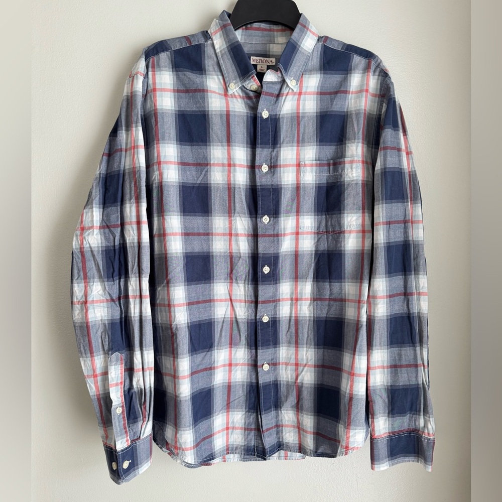 Nautica Navy and White Plaid Button-Down Shirt